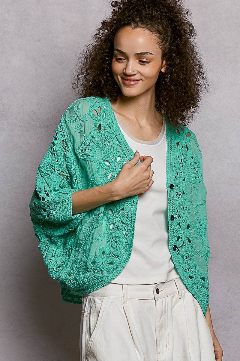 Batwing Sleeve Button Down Solid Crochet Cardigan Top-Pol Clothing-Stuffology - Where Vintage Meets Modern, A Boutique for Real Women in Crosbyton, TX