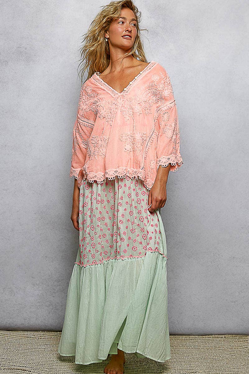 POL Clothing V-neck Short Sleeve Floral Embroidered Crochet Blouse Top-Crochet Top-Pol Clothing-Stuffology - Where Vintage Meets Modern, A Boutique for Real Women in Crosbyton, TX
