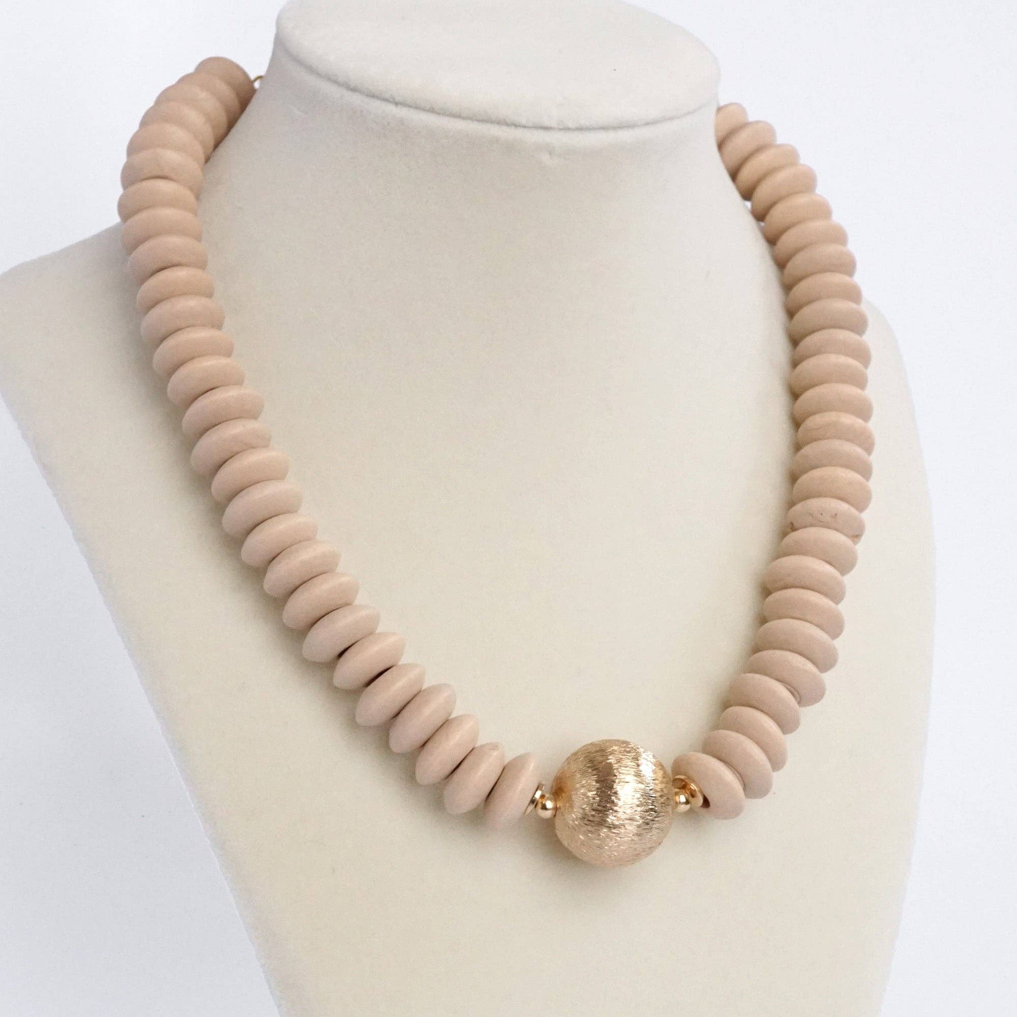 Wood Saucer Beads Short Statement Necklace Gold center Hot Pink Beige Turquoise-Necklaces-PennyLine inc-Stuffology - Where Vintage Meets Modern, A Boutique for Real Women in Crosbyton, TX
