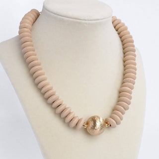 Wood Saucer Beads Short Statement Necklace Gold center Hot Pink Beige Turquoise-Necklaces-PennyLine inc-Stuffology - Where Vintage Meets Modern, A Boutique for Real Women in Crosbyton, TX