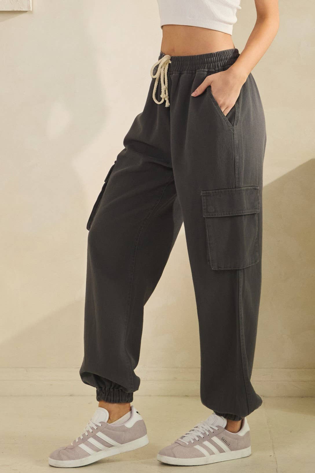 ACID WASH DENIM CARGO JOGGERS-pants-Sage + Fig-Stuffology - Where Vintage Meets Modern, A Boutique for Real Women in Crosbyton, TX