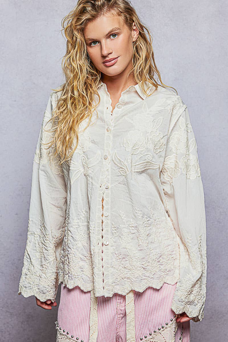 Long Sleeve Embroidered Scalloped Edge Shirt Top-Pol Clothing-Stuffology - Where Vintage Meets Modern, A Boutique for Real Women in Crosbyton, TX