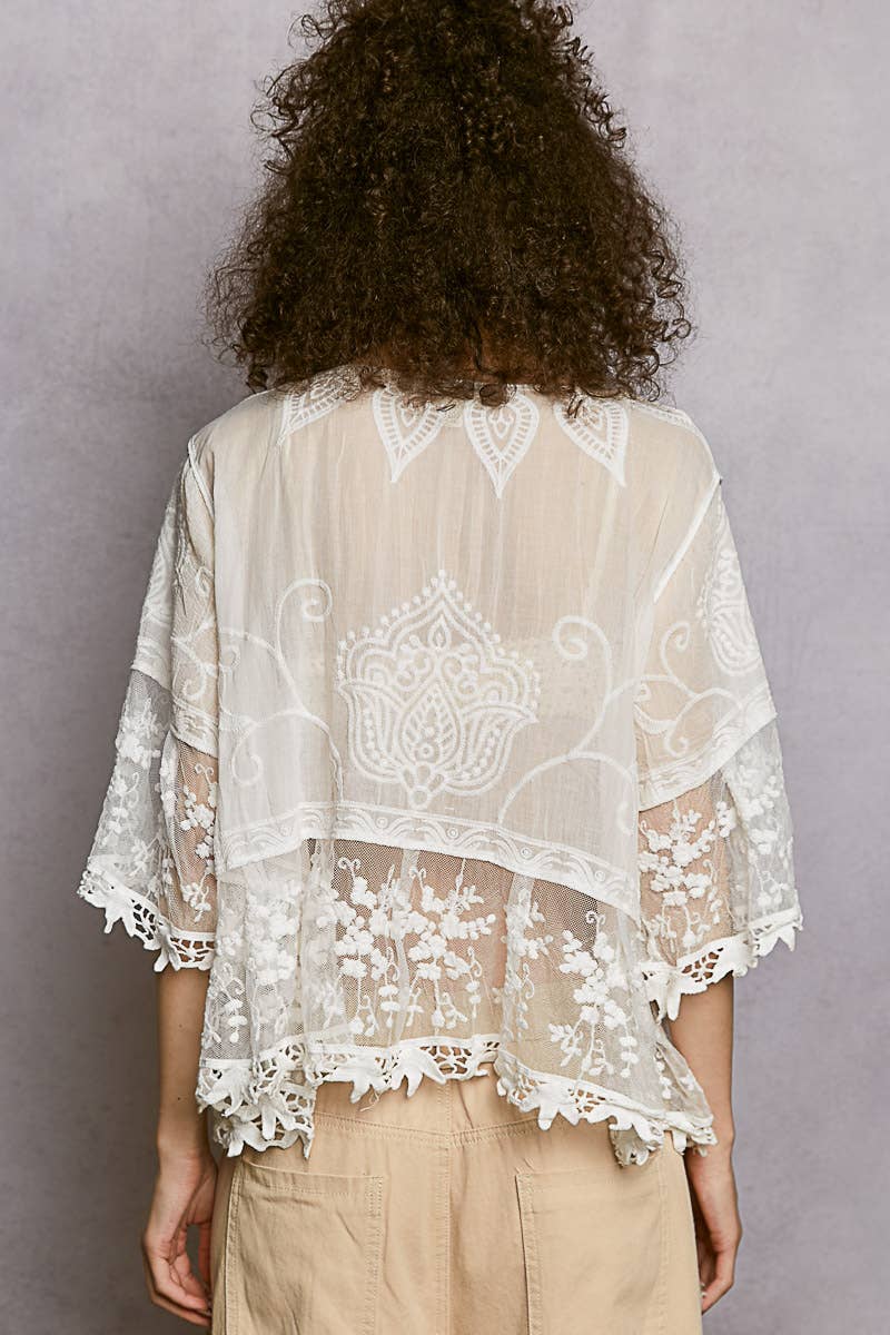 1/2 Sleeve Lace Ruffle Trim Opening Solid Crochet Cardigan-Pol Clothing-Stuffology - Where Vintage Meets Modern, A Boutique for Real Women in Crosbyton, TX