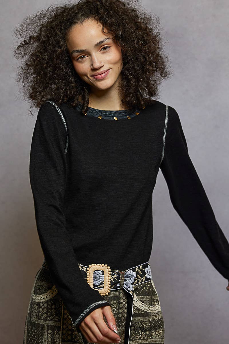 POL Clothing - Long Sleeve Knit Top with Stud Details-Pol Clothing-Stuffology - Where Vintage Meets Modern, A Boutique for Real Women in Crosbyton, TX