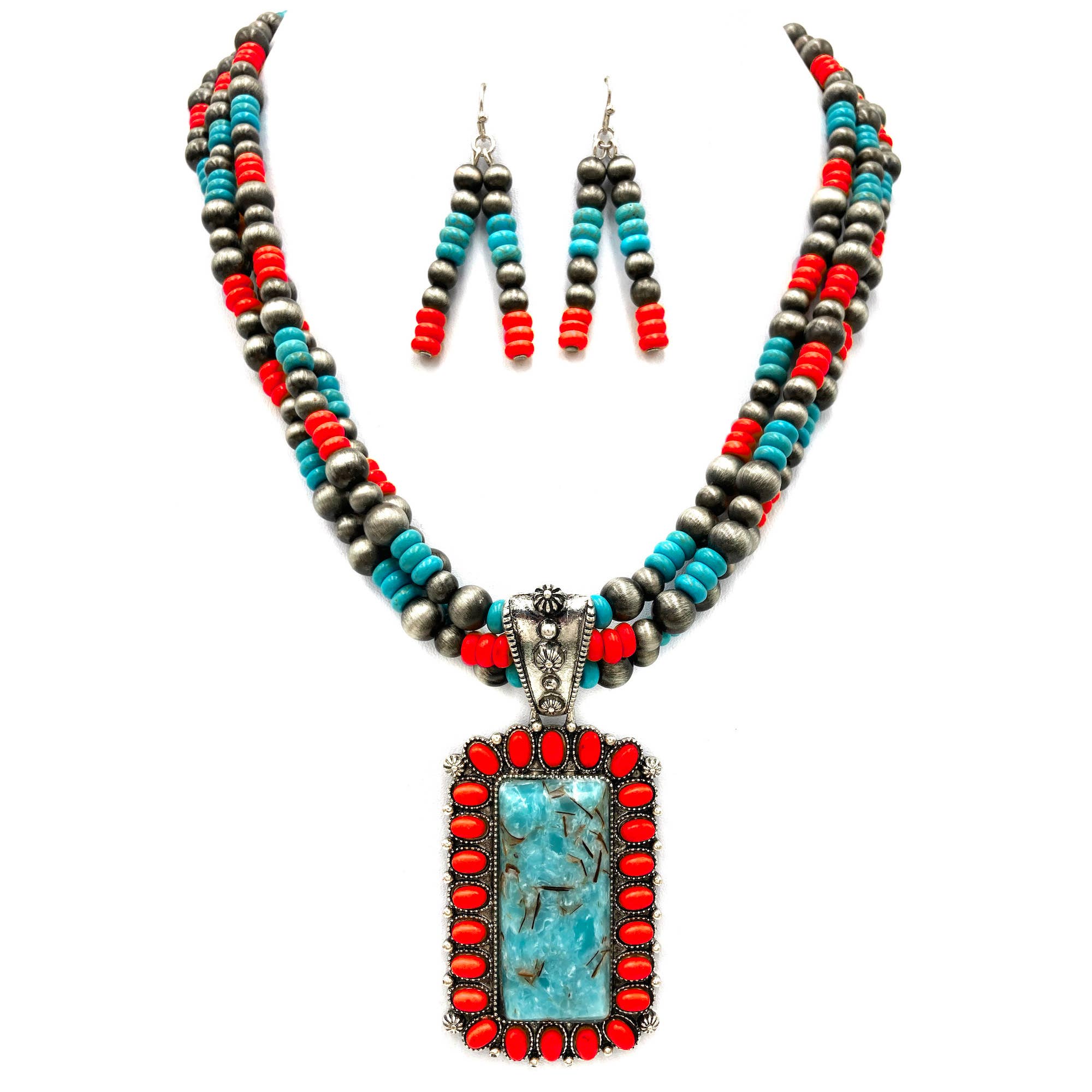 Concho Stone Turquoise Bead Pearl Western Chunky Necklace-Necklaces-Lunar Deer-Stuffology - Where Vintage Meets Modern, A Boutique for Real Women in Crosbyton, TX