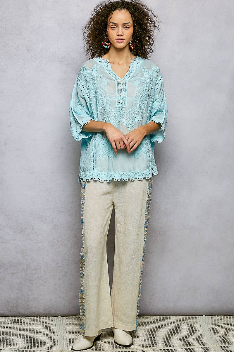 POL Clothing V-neck Short Sleeve Floral Embroidered Crochet Blouse Top-Crochet Top-Pol Clothing-Stuffology - Where Vintage Meets Modern, A Boutique for Real Women in Crosbyton, TX