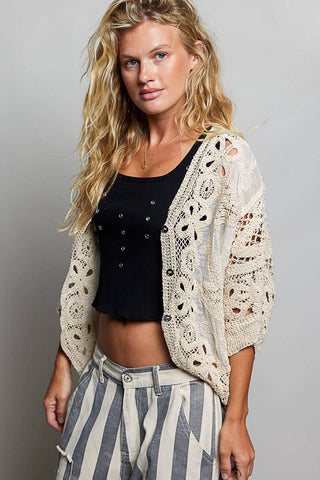 Batwing Sleeve Button Down Solid Crochet Cardigan Top-Pol Clothing-Stuffology - Where Vintage Meets Modern, A Boutique for Real Women in Crosbyton, TX