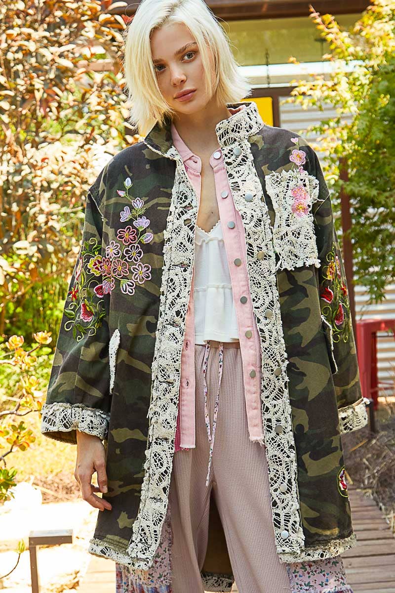 Oversized Camo Print Crochet Detail Jacket/Stuffology Boutique-Jackets-Pol Clothing-Stuffology - Where Vintage Meets Modern, A Boutique for Real Women in Crosbyton, TX