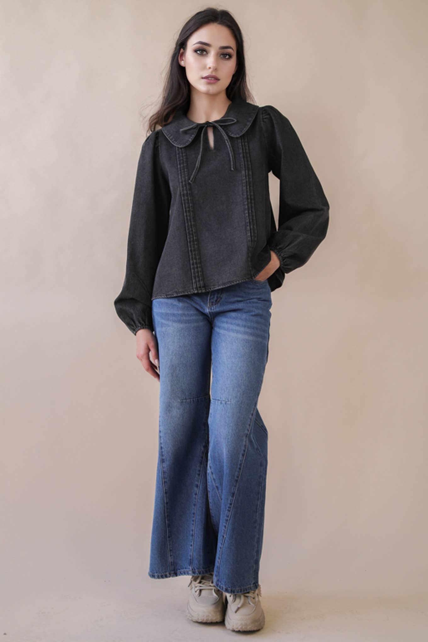 Mineral Washed Chambray Denim Blouse Top-Top-VERY J-Stuffology - Where Vintage Meets Modern, A Boutique for Real Women in Crosbyton, TX