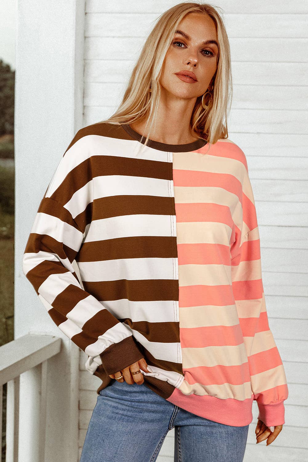 Stripe Colorblock Drop Shoulder Pullover Sweatshirt /Stuffology Boutique-Top-fashionworks-Stuffology - Where Vintage Meets Modern, A Boutique for Real Women in Crosbyton, TX