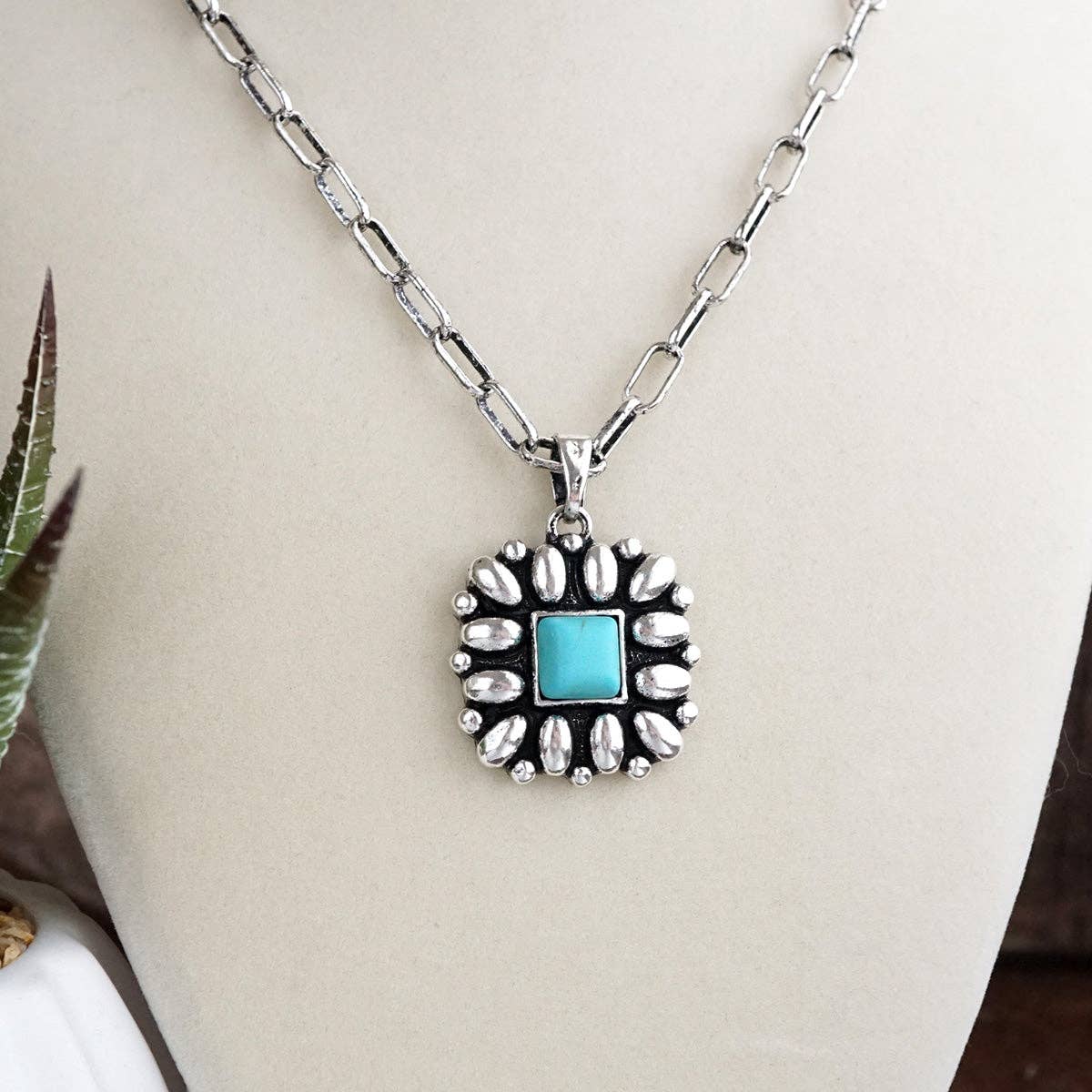 Desert Bloom – Square Concho Pendant Necklace in Worn Silver-Necklaces-PennyLine inc-Stuffology - Where Vintage Meets Modern, A Boutique for Real Women in Crosbyton, TX