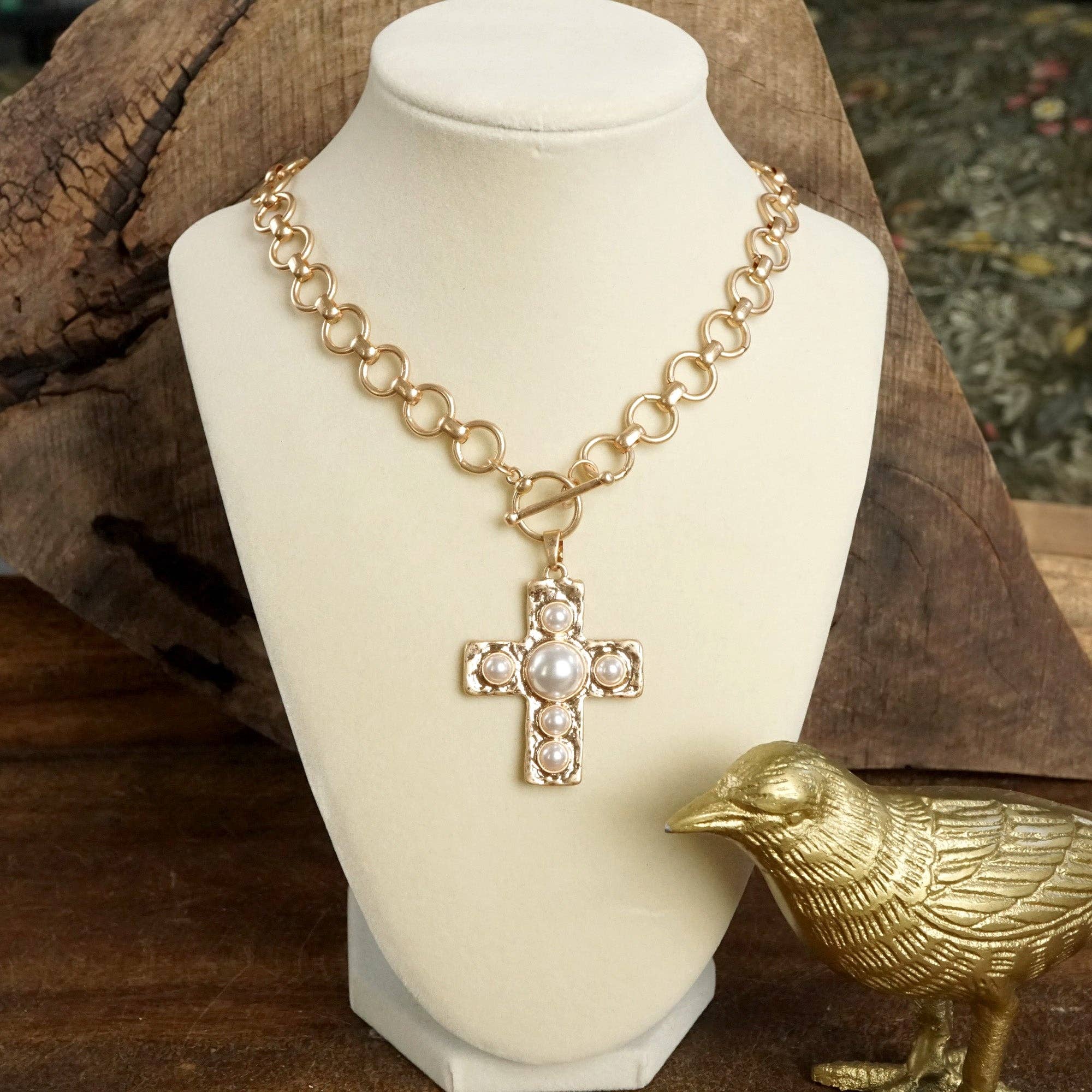 Primitive Cross Necklace – Worn Gold Tone with Acrylic Turquoise or Pearl Cabochons-PennyLine inc-Stuffology - Where Vintage Meets Modern, A Boutique for Real Women in Crosbyton, TX