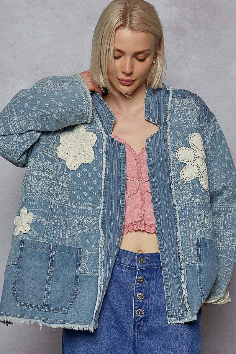 POL Clothing - Paisley pattern patch detail quilted woven twill jacket-Denim Jacket-Pol Clothing-Stuffology - Where Vintage Meets Modern, A Boutique for Real Women in Crosbyton, TX