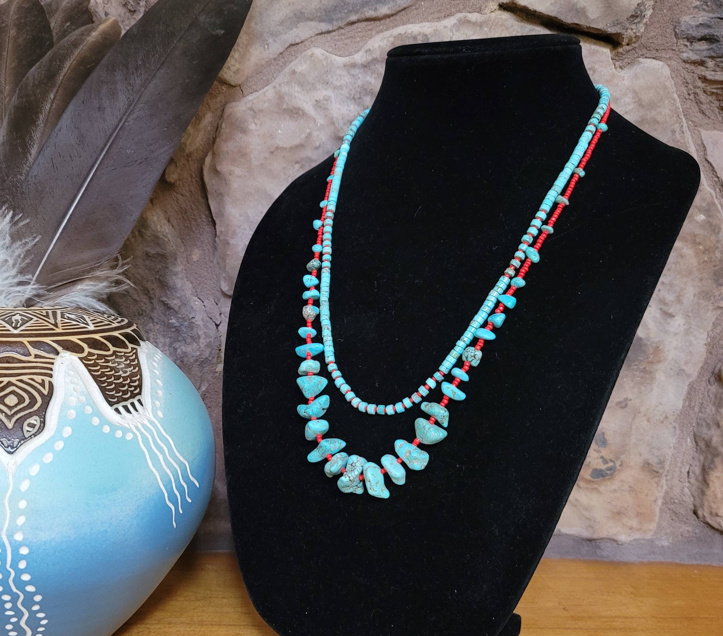 Case of 2 Turquoise, red glass bead necklaces, Native made-Necklaces-Horse Spirit Studio-Stuffology - Where Vintage Meets Modern, A Boutique for Real Women in Crosbyton, TX