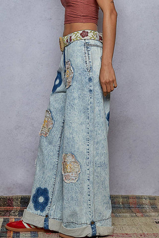 Floral Patchwork Rolled-up Denim Straight Pants-Jeans-Pol Clothing-Stuffology - Where Vintage Meets Modern, A Boutique for Real Women in Crosbyton, TX