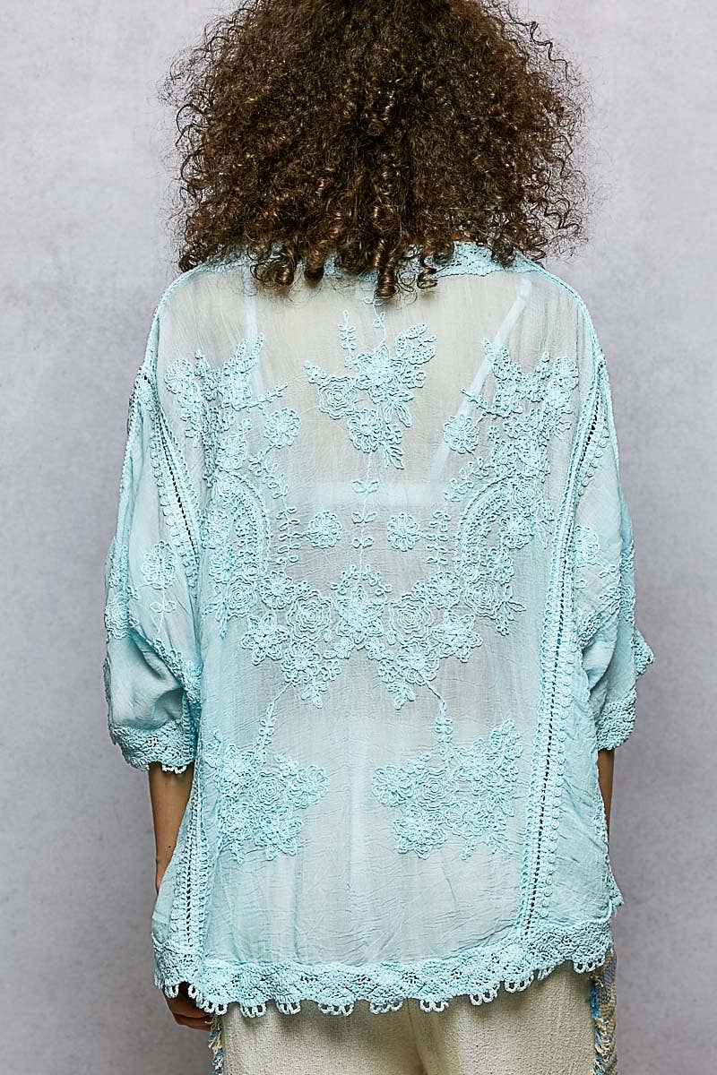 POL Clothing V-neck Short Sleeve Floral Embroidered Crochet Blouse Top-Crochet Top-Pol Clothing-Stuffology - Where Vintage Meets Modern, A Boutique for Real Women in Crosbyton, TX