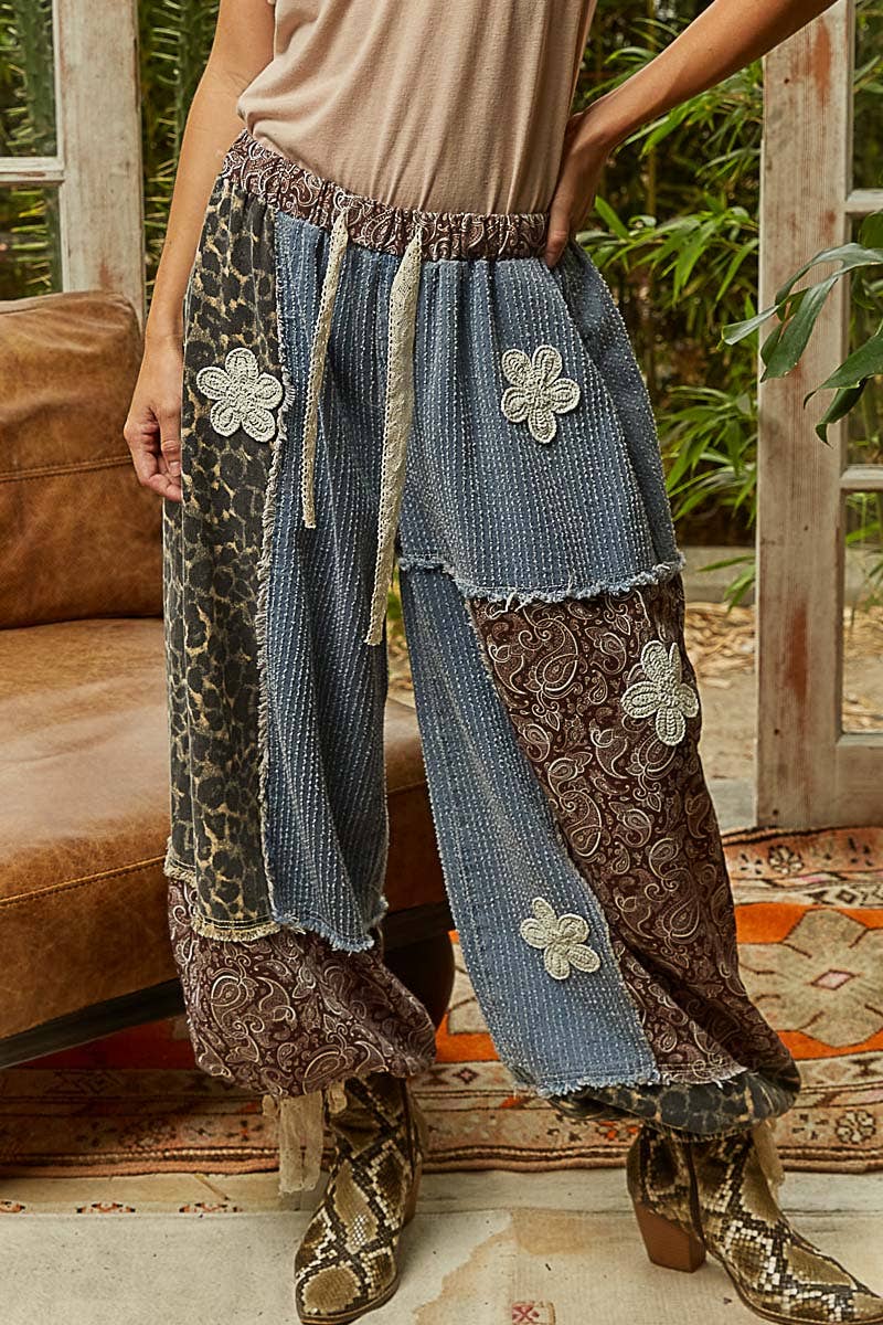 Crochet patch detail contrast patchwork printed woven pants-Pants-Pol Clothing-Stuffology - Where Vintage Meets Modern, A Boutique for Real Women in Crosbyton, TX