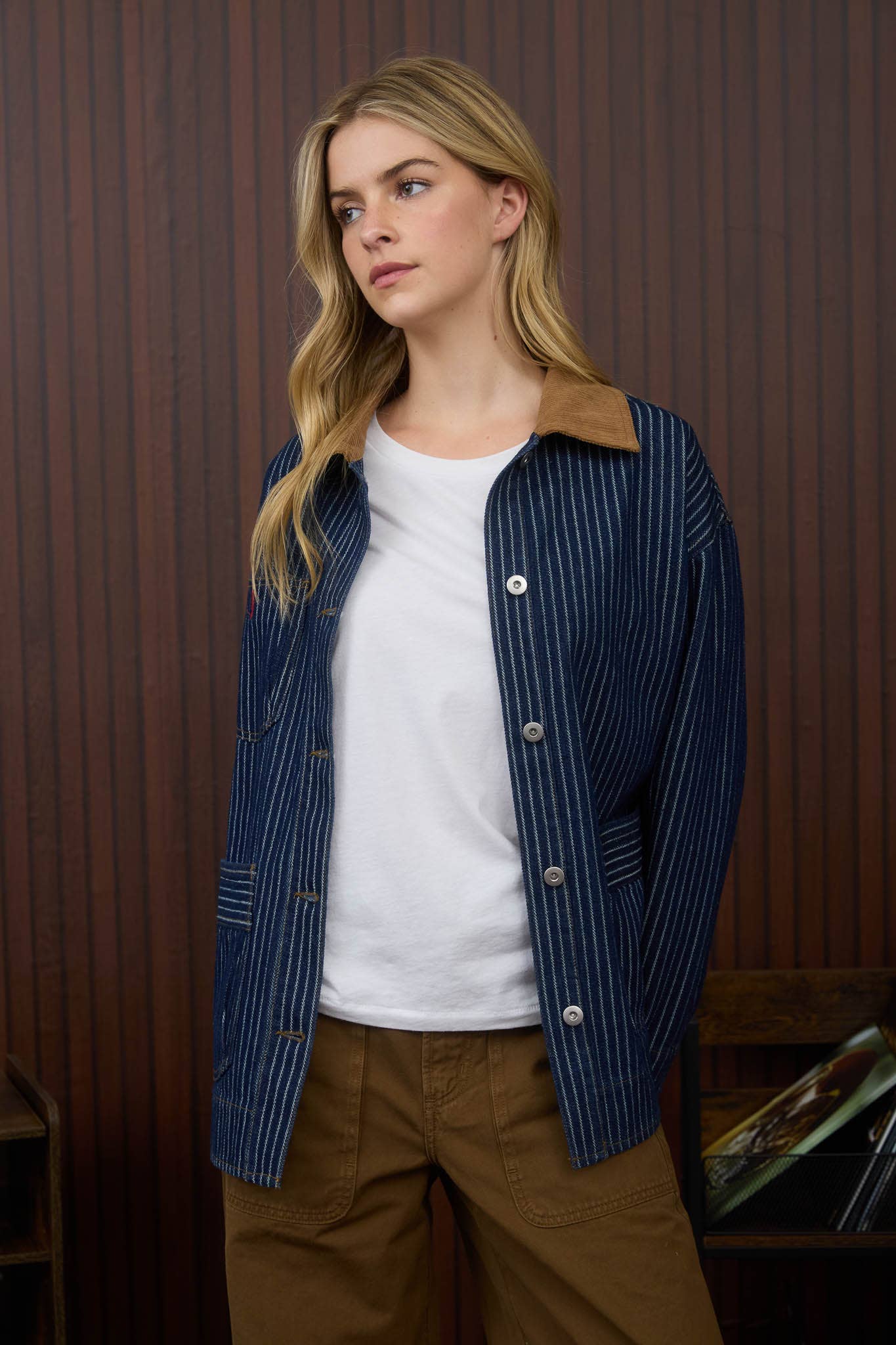 DENIM PINSTRIPE CORDUROY COLLAR JACKET-Denim Jacket-J.O.A-Stuffology - Where Vintage Meets Modern, A Boutique for Real Women in Crosbyton, TX