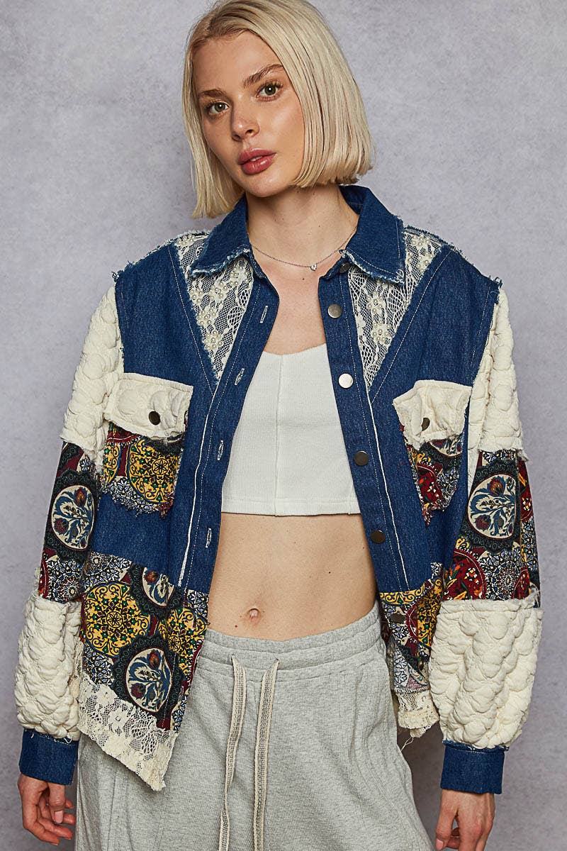 POL Clothing - Denim Patchwork Jacket-Denim Jacket-Pol Clothing-Stuffology - Where Vintage Meets Modern, A Boutique for Real Women in Crosbyton, TX