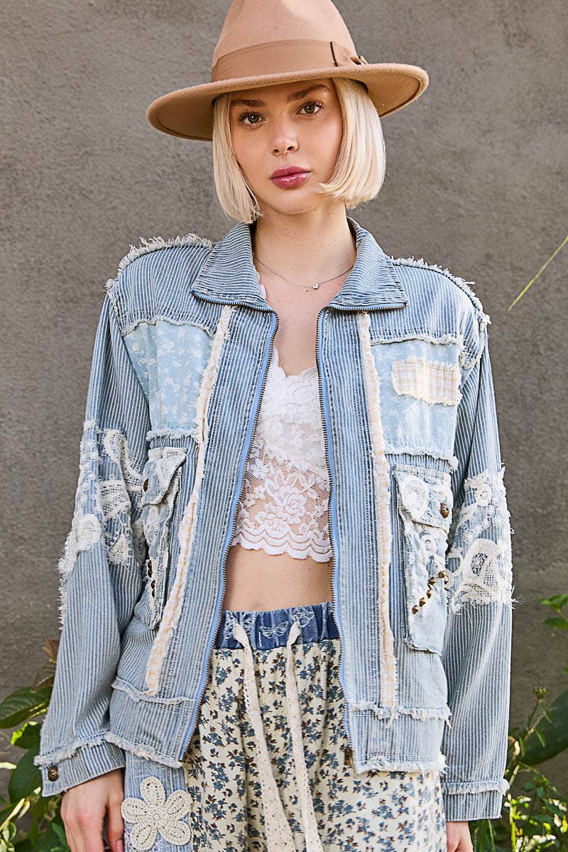 Long sleeve textured woven lace patchwork jacket-Pol Clothing-Stuffology - Where Vintage Meets Modern, A Boutique for Real Women in Crosbyton, TX