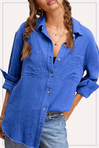 Crinkled Gauze Button Down Shirt-La Miel-Stuffology - Where Vintage Meets Modern, A Boutique for Real Women in Crosbyton, TX