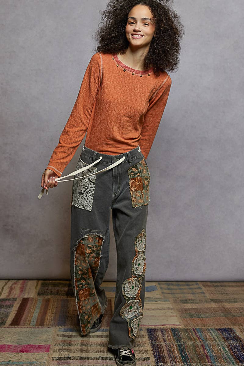 POL Clothing - Long Sleeve Knit Top with Stud Details-Pol Clothing-Stuffology - Where Vintage Meets Modern, A Boutique for Real Women in Crosbyton, TX