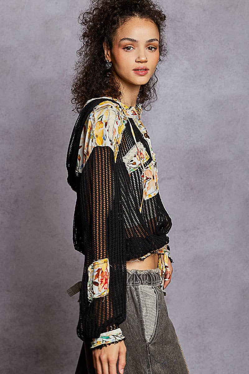 Vintage washed Black Floral Print Patch Crochet Jacket-Jackets-Pol Clothing-Stuffology - Where Vintage Meets Modern, A Boutique for Real Women in Crosbyton, TX