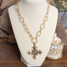 Decorative Cross Statement Necklace – Worn Gold Tone-Necklaces-PennyLine inc-Stuffology - Where Vintage Meets Modern, A Boutique for Real Women in Crosbyton, TX