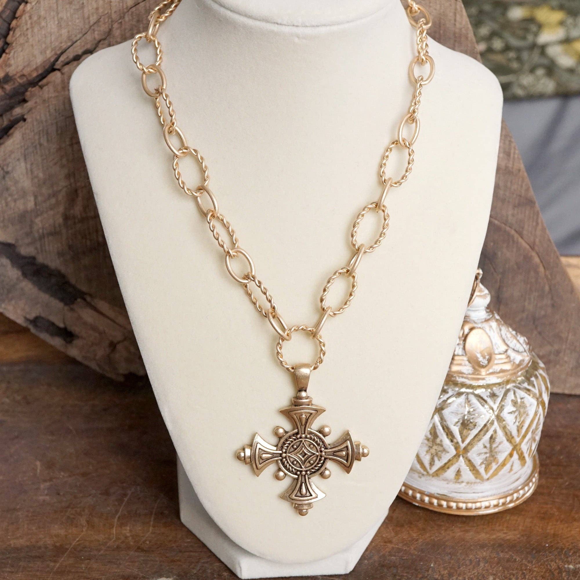 Decorative Cross Statement Necklace – Worn Gold Tone-Necklaces-PennyLine inc-Stuffology - Where Vintage Meets Modern, A Boutique for Real Women in Crosbyton, TX