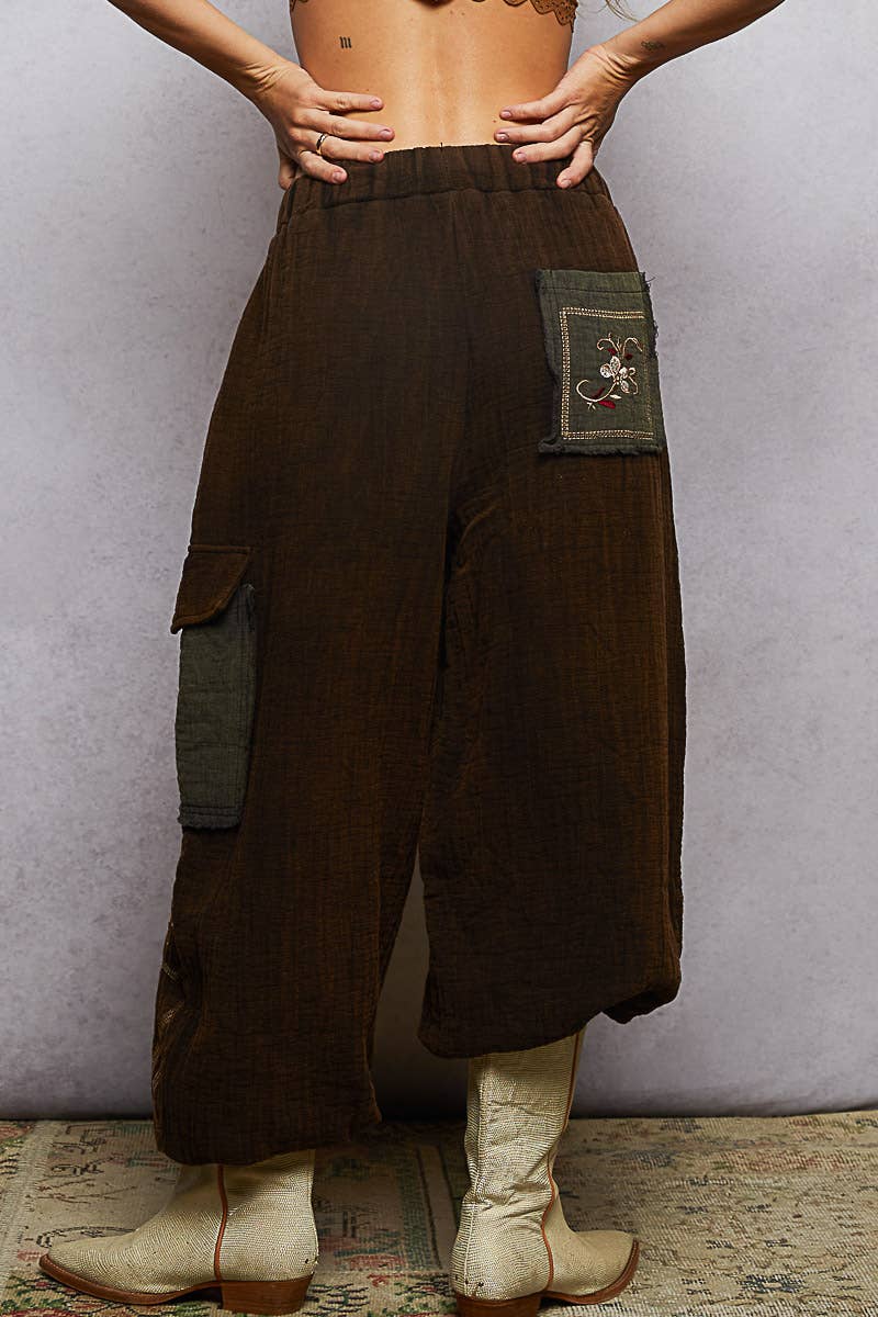 POL Clothing Double gauze floral embroidery accents patch detail pants-pants-Pol Clothing-Stuffology - Where Vintage Meets Modern, A Boutique for Real Women in Crosbyton, TX