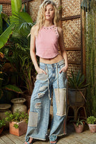 POL Clothing Stud Detail Patchwork Denim Pants-Jeans-Pol Clothing-Stuffology - Where Vintage Meets Modern, A Boutique for Real Women in Crosbyton, TX