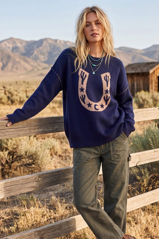 Western Horseshoe Cactus Knit Sweater-Sweaters-Sewn and Seen-Stuffology - Where Vintage Meets Modern, A Boutique for Real Women in Crosbyton, TX