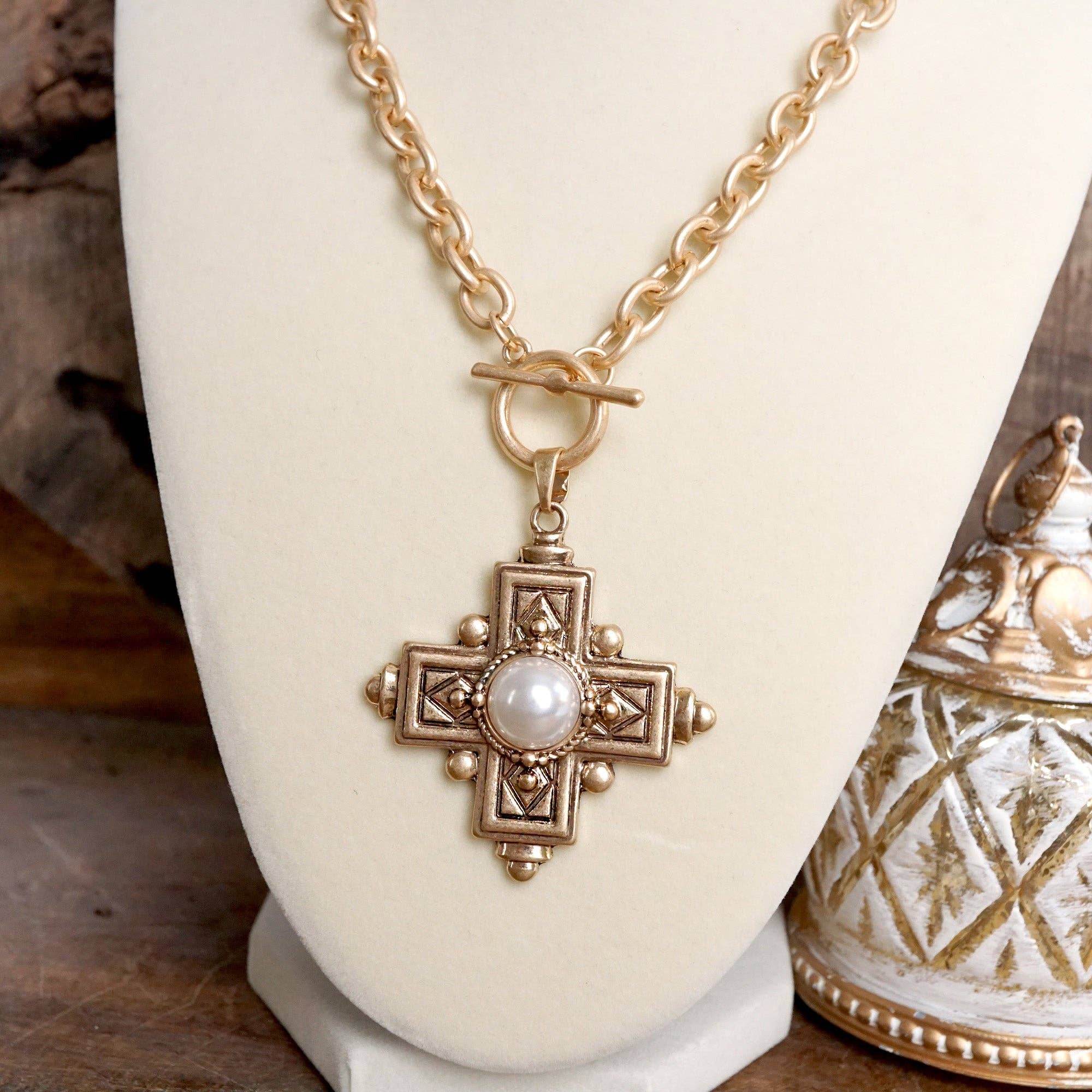 Decorative Cross Necklace Worn Gold Tone Front Toggle and Pearl-Necklaces-PennyLine inc-Stuffology - Where Vintage Meets Modern, A Boutique for Real Women in Crosbyton, TX
