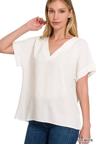 WOVEN AIRFLOW V-NECK SHORT SLEEVE TOP /STUFFOLOGY BOUTIQUE-Top-Zenana-Stuffology - Where Vintage Meets Modern, A Boutique for Real Women in Crosbyton, TX