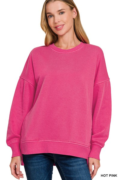 PIGMENT DYE FLEECE HI-LOW HEM PULLOVER WITH POCKET-SWEATSHIRT-Stuffology Boutique-Stuffology - Where Vintage Meets Modern, A Boutique for Real Women in Crosbyton, TX