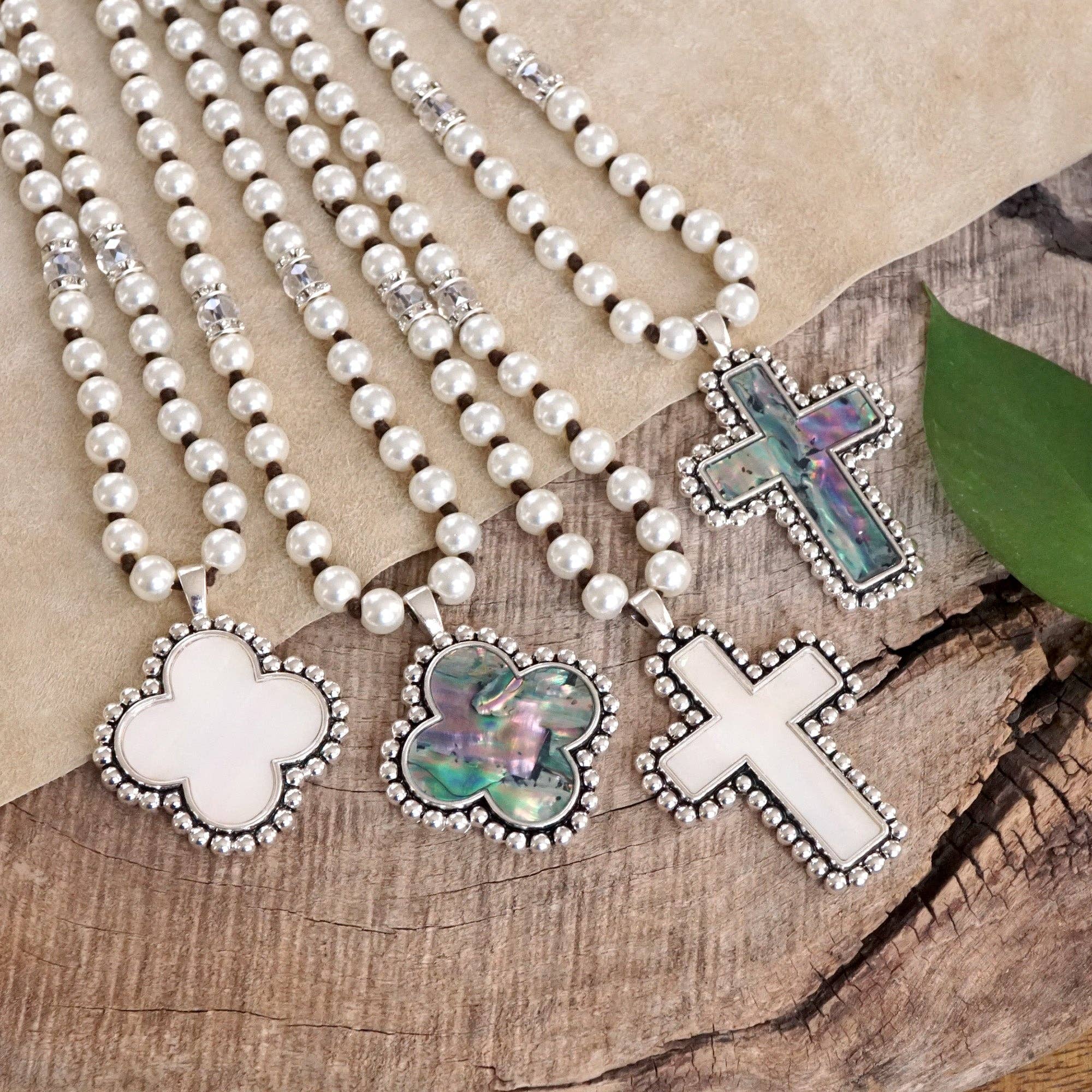 Pearlized beads Necklace with Cross and Clover pendant Mother of Pearl Abalone-PennyLine inc-Stuffology - Where Vintage Meets Modern, A Boutique for Real Women in Crosbyton, TX