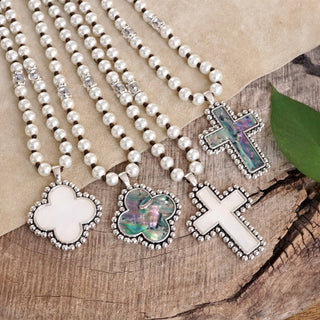Pearlized beads Necklace with Cross and Clover pendant Mother of Pearl Abalone-Necklaces-PennyLine inc-Stuffology - Where Vintage Meets Modern, A Boutique for Real Women in Crosbyton, TX