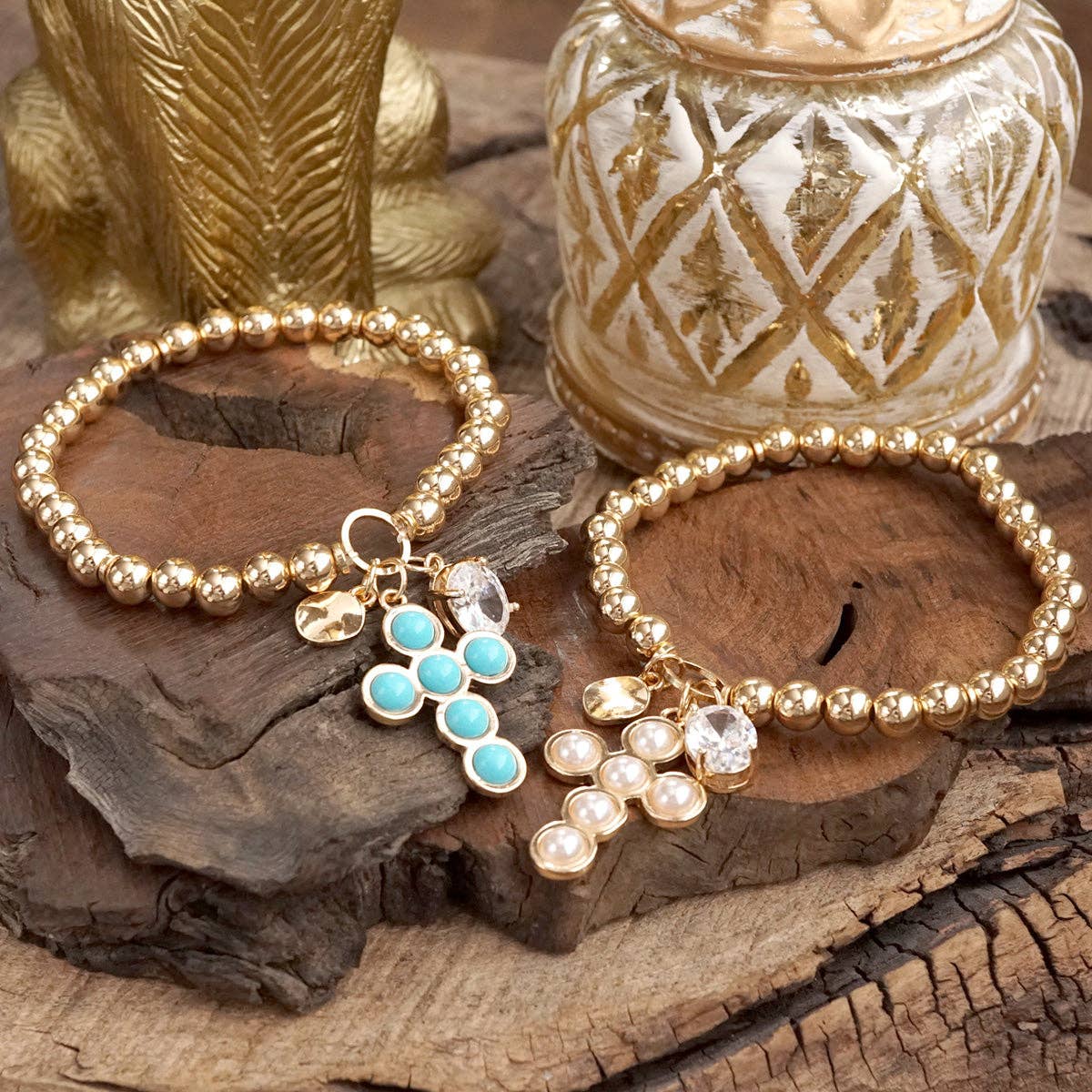 Golden Keepsakes – Charm Cluster Stretch Bracelet with Beads & Stones-Bracelets-PennyLine inc-Stuffology - Where Vintage Meets Modern, A Boutique for Real Women in Crosbyton, TX