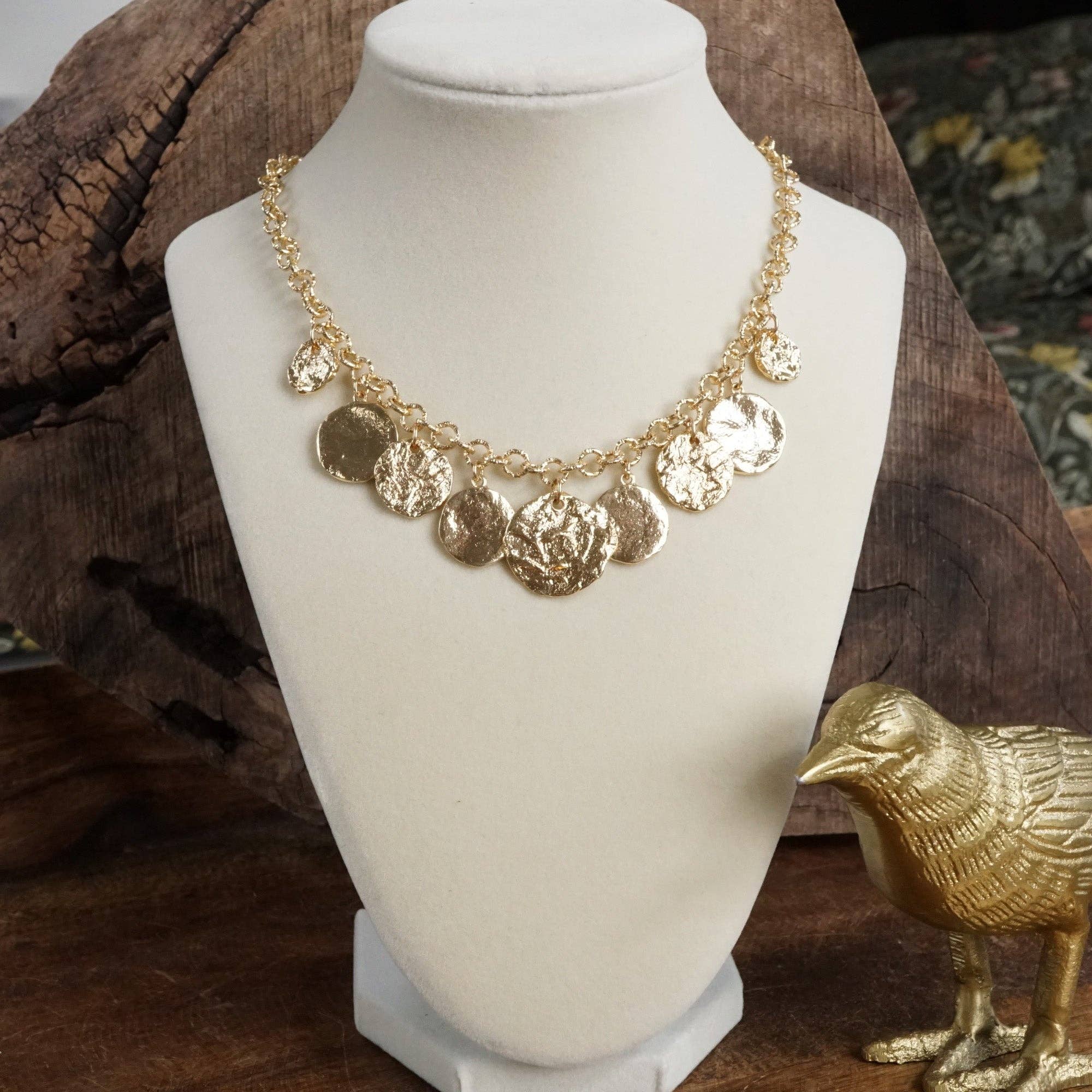 Textured Coins Statement Necklace – Gold Tone-Necklaces-PennyLine inc-Stuffology - Where Vintage Meets Modern, A Boutique for Real Women in Crosbyton, TX