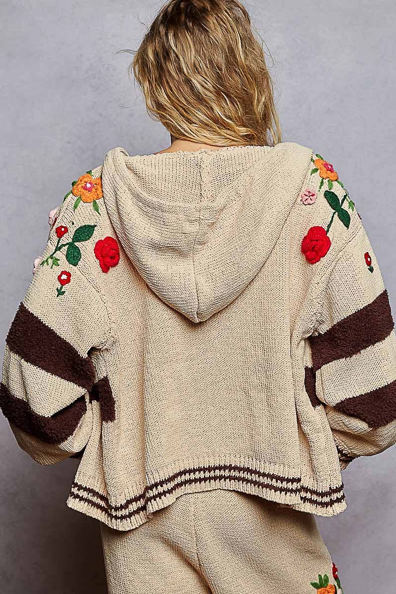 POL Clothing - Striped pattern 3D embroidered hoodie zip-up sweater top-Pol Clothing-Stuffology - Where Vintage Meets Modern, A Boutique for Real Women in Crosbyton, TX