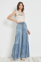 RUFFLED SIDE WASHED DENIM WIDE PANTS /STUFFOLOGY BOUTIQUE-Jeans-Mustard Seed-Stuffology - Where Vintage Meets Modern, A Boutique for Real Women in Crosbyton, TX