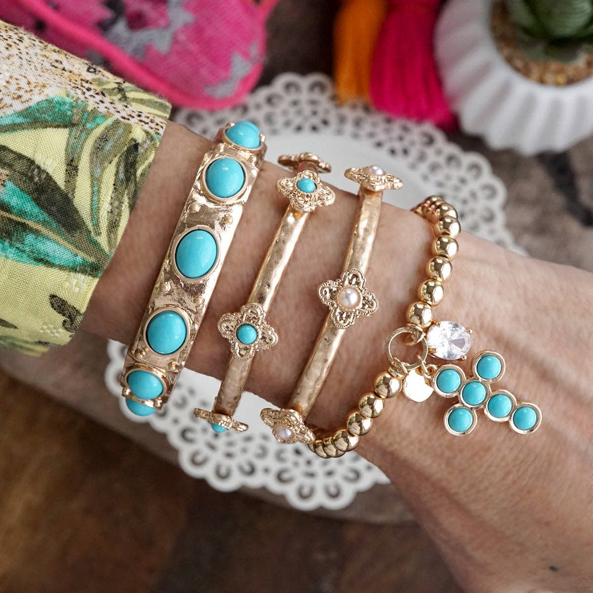 Sun-Kissed Shine – Medallion Stretchy Bangle with Pearl or Turquoise-Bracelets-PennyLine inc-Stuffology - Where Vintage Meets Modern, A Boutique for Real Women in Crosbyton, TX