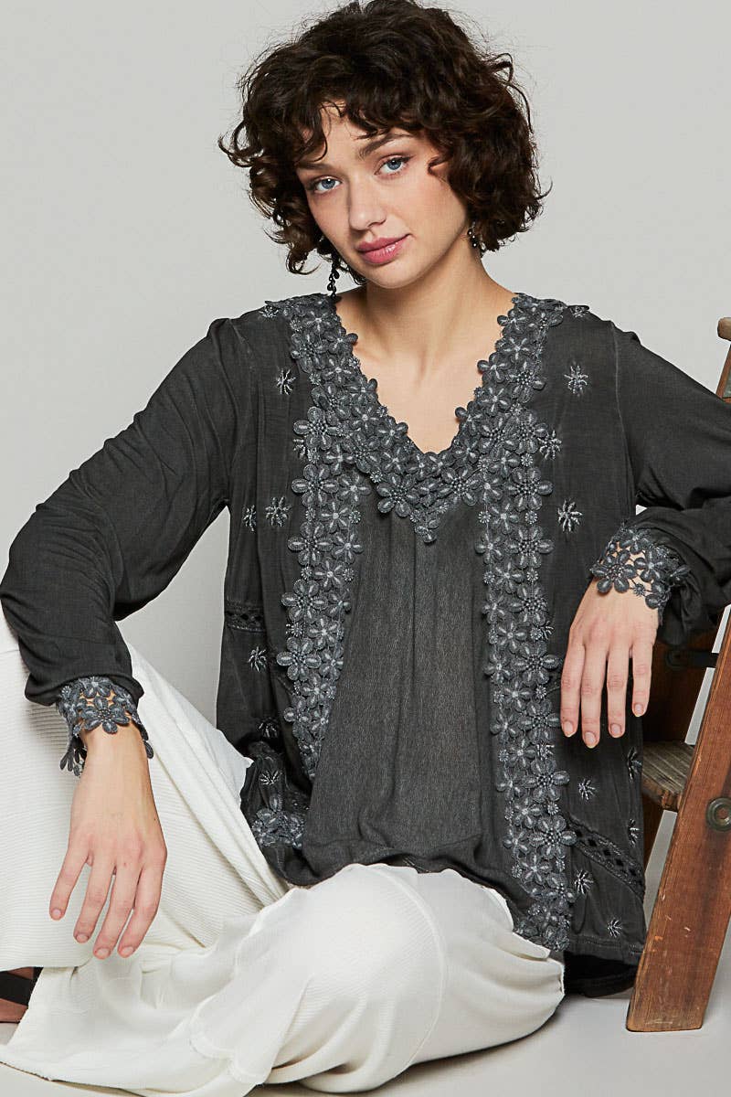 Long Sleeve Contrast Floral Lace Crochet V-Neck Top-Pol Clothing-Stuffology - Where Vintage Meets Modern, A Boutique for Real Women in Crosbyton, TX