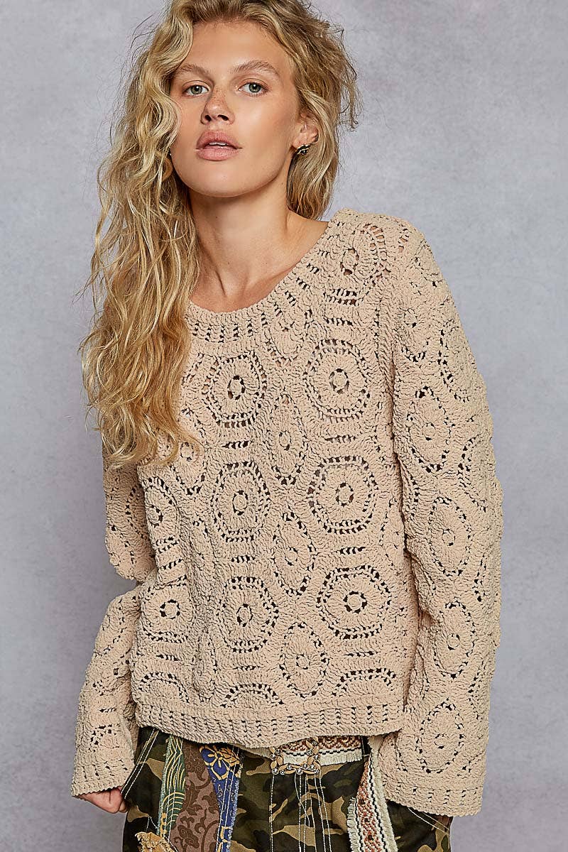 Round neck open knitted crochet solid sweater-Sweaters-Pol Clothing-Stuffology - Where Vintage Meets Modern, A Boutique for Real Women in Crosbyton, TX