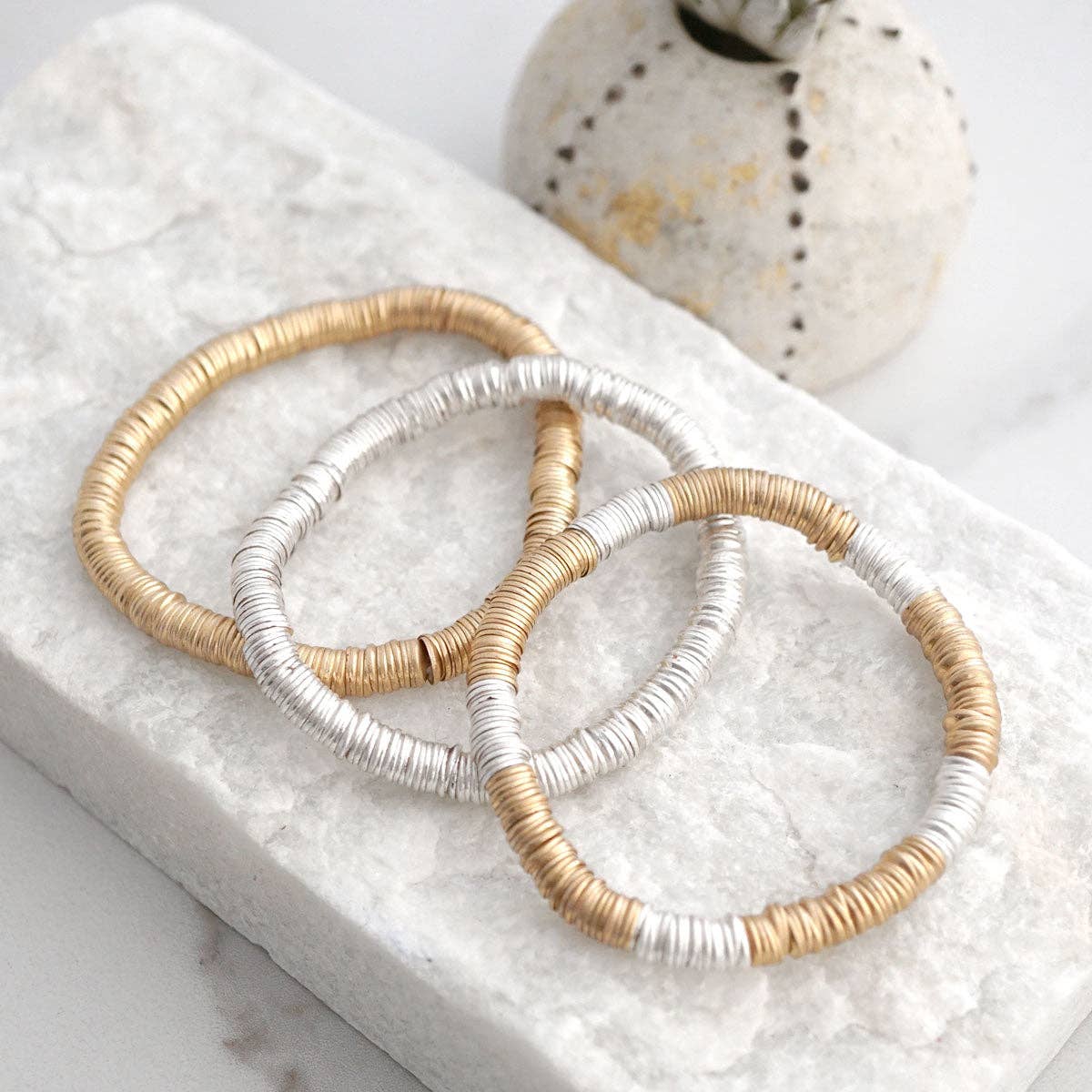 Heishi Disc Boho beaded stretchy bracelet Silver Gold Shell-Bracelets-PennyLine inc-Stuffology - Where Vintage Meets Modern, A Boutique for Real Women in Crosbyton, TX