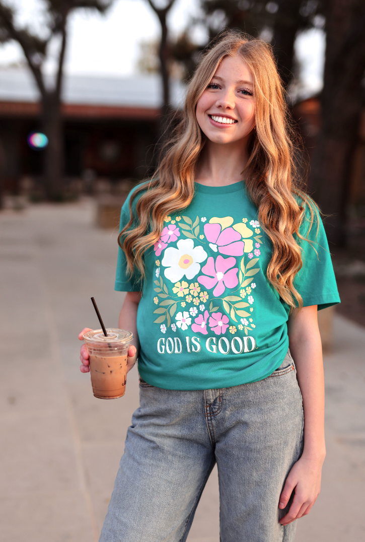 God Is Good Floral Graphic Tee-Jadelynn Brooke-Stuffology - Where Vintage Meets Modern, A Boutique for Real Women in Crosbyton, TX