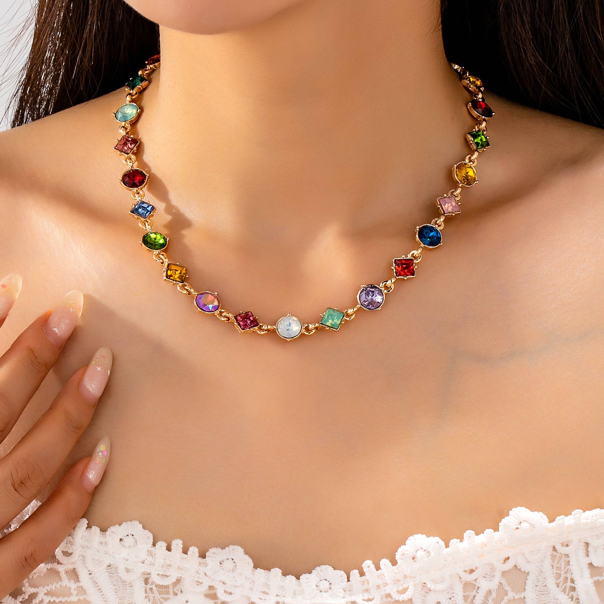 Multicolored Mixed-Shape Crystal Station Necklace | 80N93256-Necklaces-JOSSLYN by wall to wall-Stuffology - Where Vintage Meets Modern, A Boutique for Real Women in Crosbyton, TX