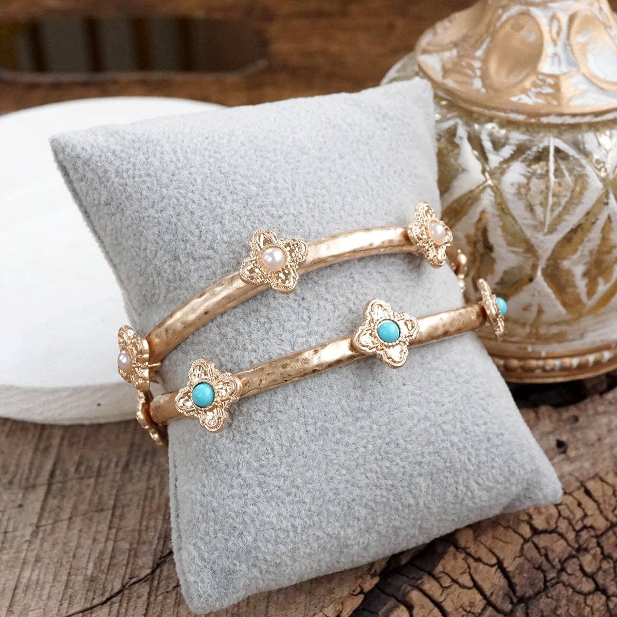 Sun-Kissed Shine – Medallion Stretchy Bangle with Pearl or Turquoise-Bracelets-PennyLine inc-Stuffology - Where Vintage Meets Modern, A Boutique for Real Women in Crosbyton, TX