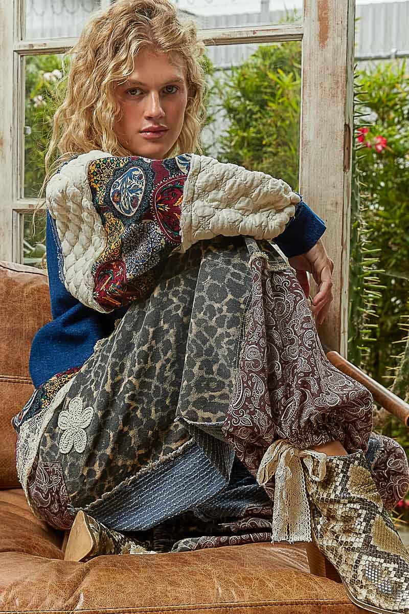 POL Clothing - Denim Patchwork Jacket-Denim Jacket-Pol Clothing-Stuffology - Where Vintage Meets Modern, A Boutique for Real Women in Crosbyton, TX