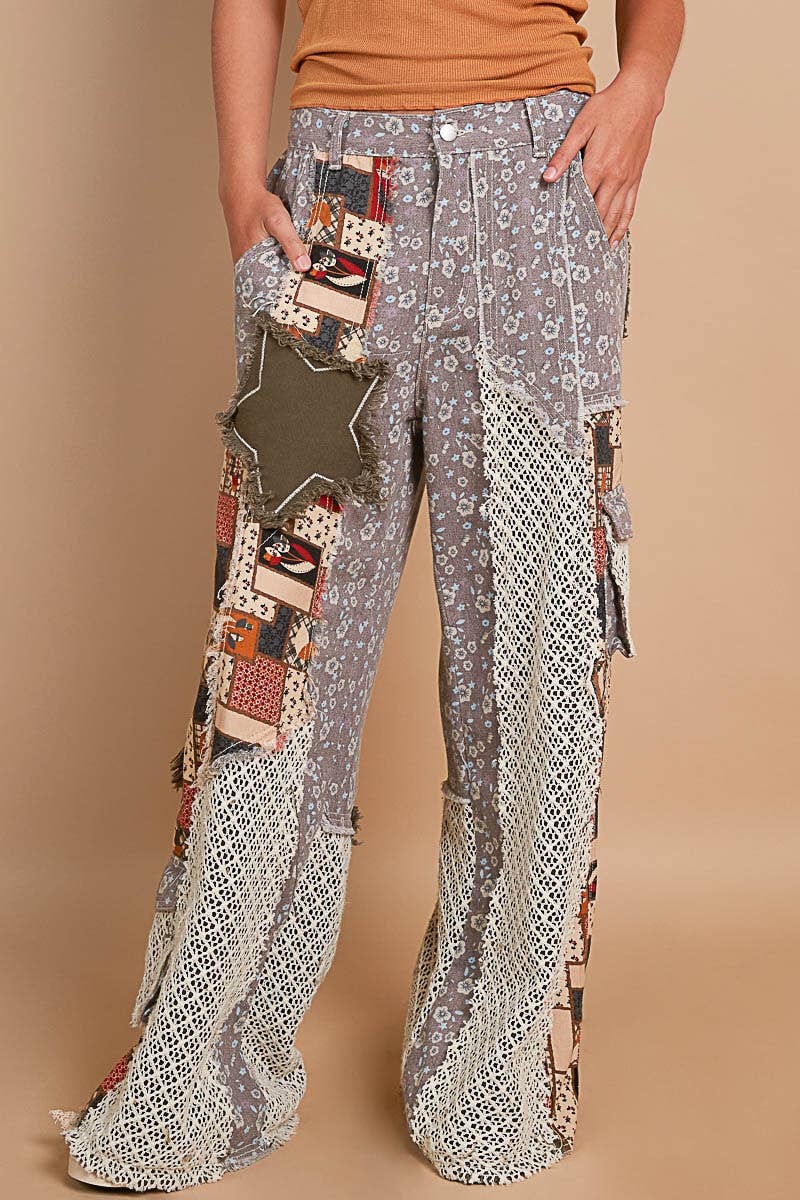 Printed Patchwork Star Detail Woven Twill Pants Jeans /Stuffology Boutique-Jeans-Pol Clothing-Stuffology - Where Vintage Meets Modern, A Boutique for Real Women in Crosbyton, TX